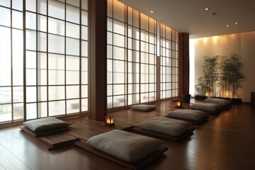 asian zen interior design, asian zen interior design depicted in serenity lounge with floor seating, paper screens, and soft lighting for a tranquil vibe