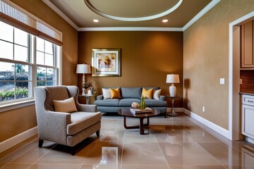 Fototapeta premium Stylish Living Room Design Featuring Fabric Armchair Polished Tile Flooring and Warm Beige Walls