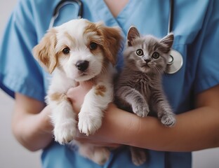 Veterinarian examining dog and cat at veterinary clinic