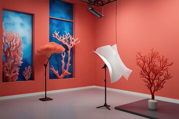 Veiled Surrealism: Vibrant Coral Studio Backdrop with Engaging Ambiance and Spacious Display