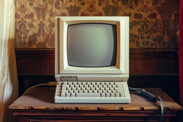 An old computer sits on a wooden table, offering a glimpse into the past