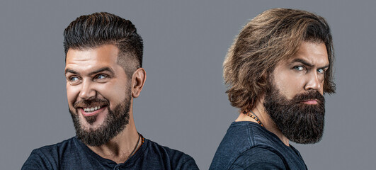 Hair, beard before and after haircut in barbershop. Shaved vs unshaven barber hair salon. Hair...