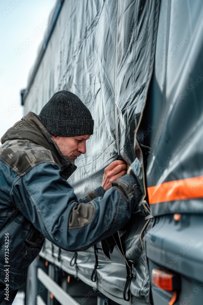 Poster man installing a tarp on the back of a pickup truck