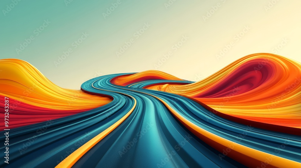 Poster a colorful journey flows along winding paths through a surreal abstract terrain