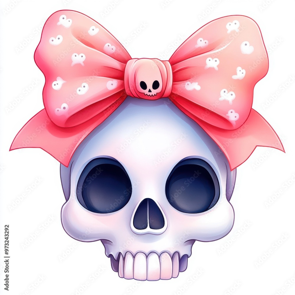 Wall mural Cute Cartoon Skull with Pink Bow and Ghost Pattern