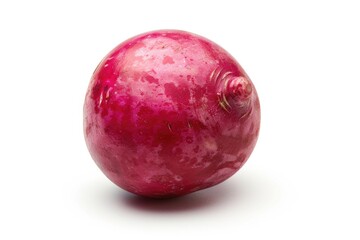 A single red onion sits on a white surface, perfect for garnishing or using in cooking demonstrations