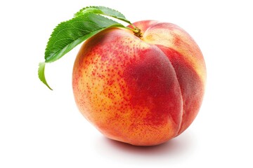 A fresh peach with a green leaf sitting on top, perfect for a still life or food photography