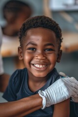 Fototapeta premium A young boy smiling at a table with a possible meal or snack