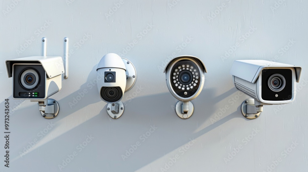 Poster group of security cameras mounted on a wall for monitoring and surveillance purposes, often used in 