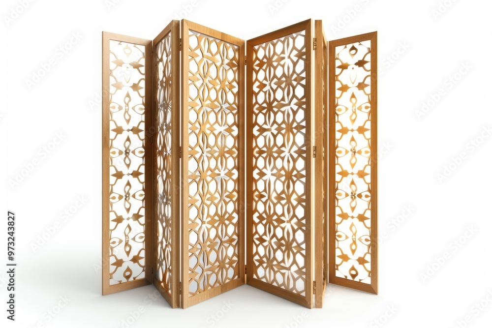 Poster a modern room divider made from wood and metal, perfect for dividing open spaces or creating cozy no