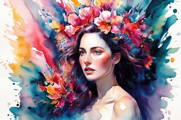 Fototapeta premium Radiant Watercolor Portrait of a Woman in a Lively Setting with Vivid Colors and Expressive Atmosphere