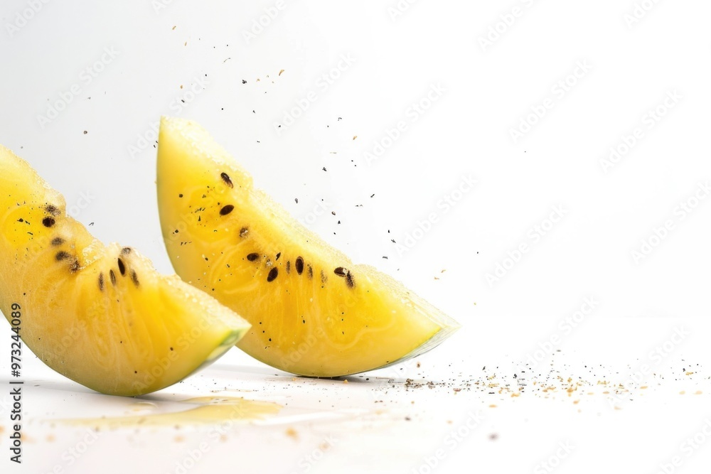 Poster fresh yellow melon sliced into pieces, showing seeds and pulp