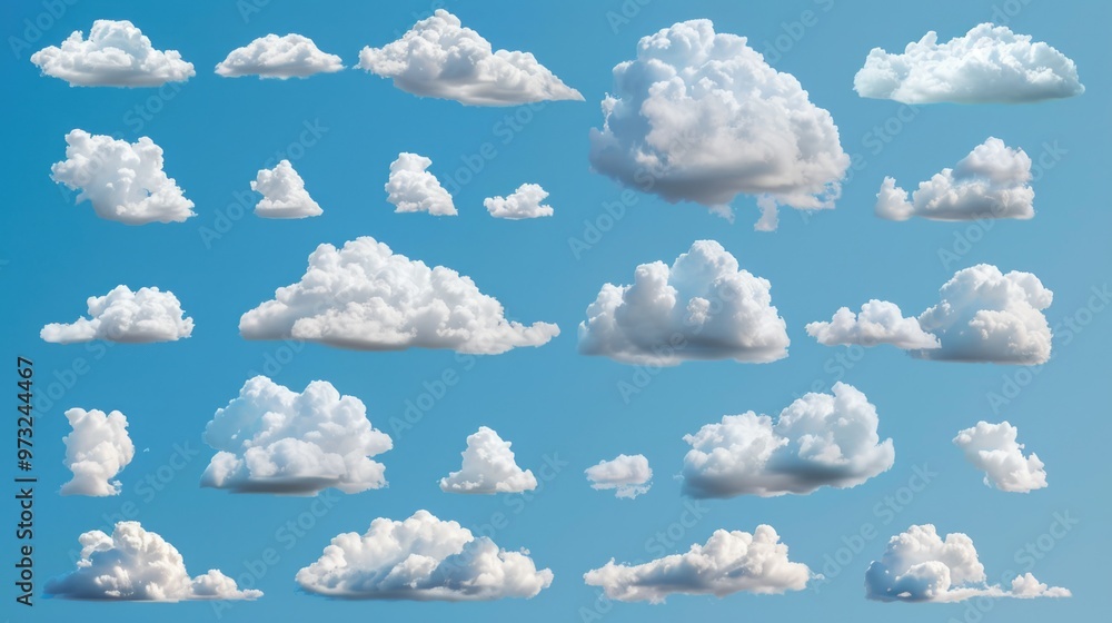 Poster A collection of clouds floating in the sky, ideal for use as a background or weather illustration