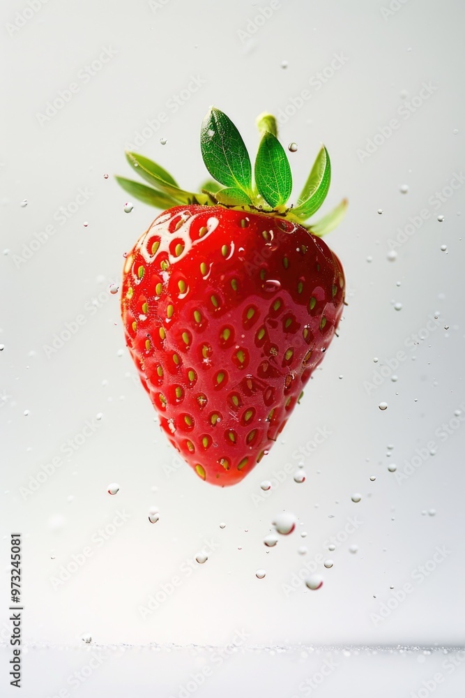 Poster fresh strawberry floating on the surface of calm water, surrounded by bubbles