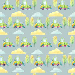 Obraz premium Green trucks with blue windows, tall green trees, yellow clouds on a blue background. Seamless pattern in cartoon style, watercolor clipart. Ideal for childrens bedding, stationery, and wall art
