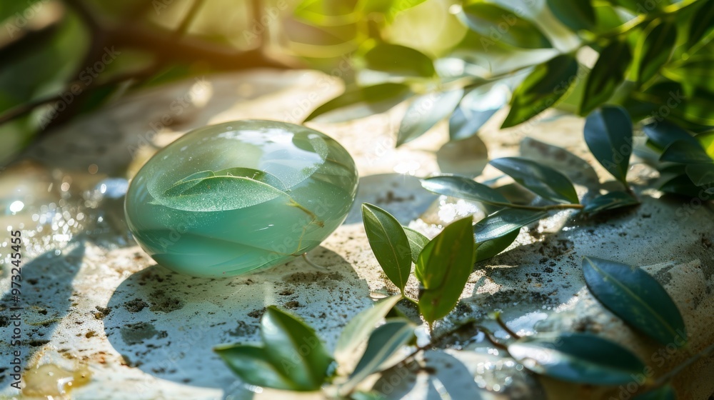Poster clear gel texture on a smooth stone surface with greenery close-up photo with clean background
