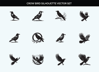 Black Silhouette of Crow Bird - Editable Vector on Transparent Background