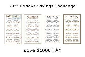 2025 Fridays Money Saving Challenges Printable and Weekly Savings Tracker, Finance Planner Notebook A6 format, save 1000 dollars