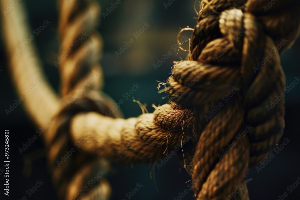 Poster a detailed view of a rope with a secure knot, suitable for various uses such as camping, sailing or 