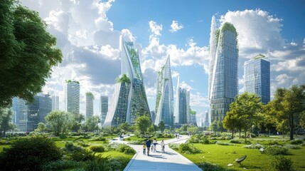 Fototapeta premium A zero-emission city with wide pedestrian lanes, bike-sharing stations, and energy-efficient skyscrapers.