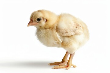 Fototapeta premium A small chicken stands on a white surface