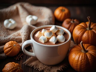 Cozy hot chocolate with marshmallows and pumpkins, warm autumn atmosphere scene