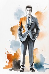 Watercolor and Ink Illustration of a Businessman in Suit and Tie with Expressive Yellow and Blue Color Splashes on White Background, Modern Artistic Design