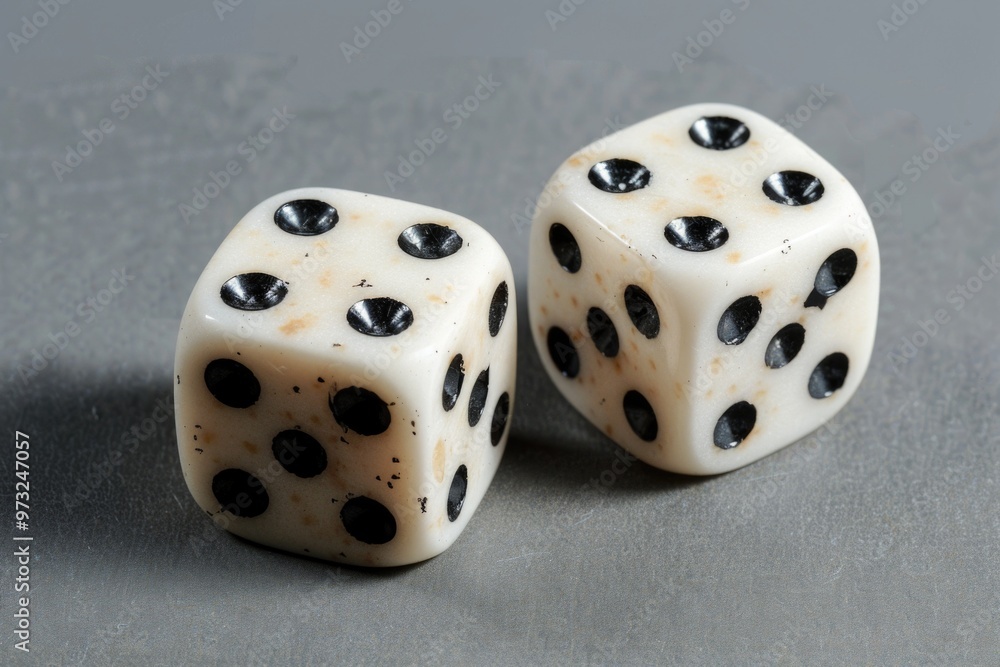 Poster two dice resting on a table, awaiting their fate