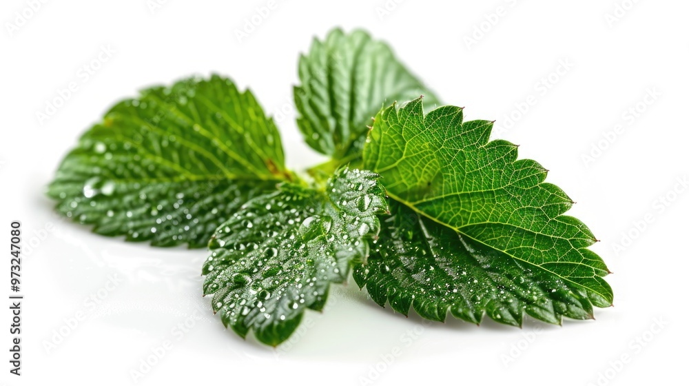 Poster Detailed view of a leaf with water droplets, suitable for use in nature or science-related contexts