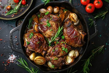 Homemade Beef Meatballs in Rich Brown Sauce Cast Iron Skillet Comfort Food Hearty Dinner Meal Traditional Rustic Cooking