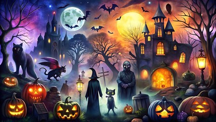 halloween, vector, autumn, pumpkin, ghost, background, silhouette, evil, cat, horror, set, black, witch, icon, design, isolated, art, house, tree, illustration, cartoon, white, animal, celebration, sk