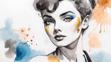 Expressive Watercolor and Ink Portrait of a Beautiful Woman with Hair Up, Colorful Splashes on White Background, Ideal for Fashion and Art Projects