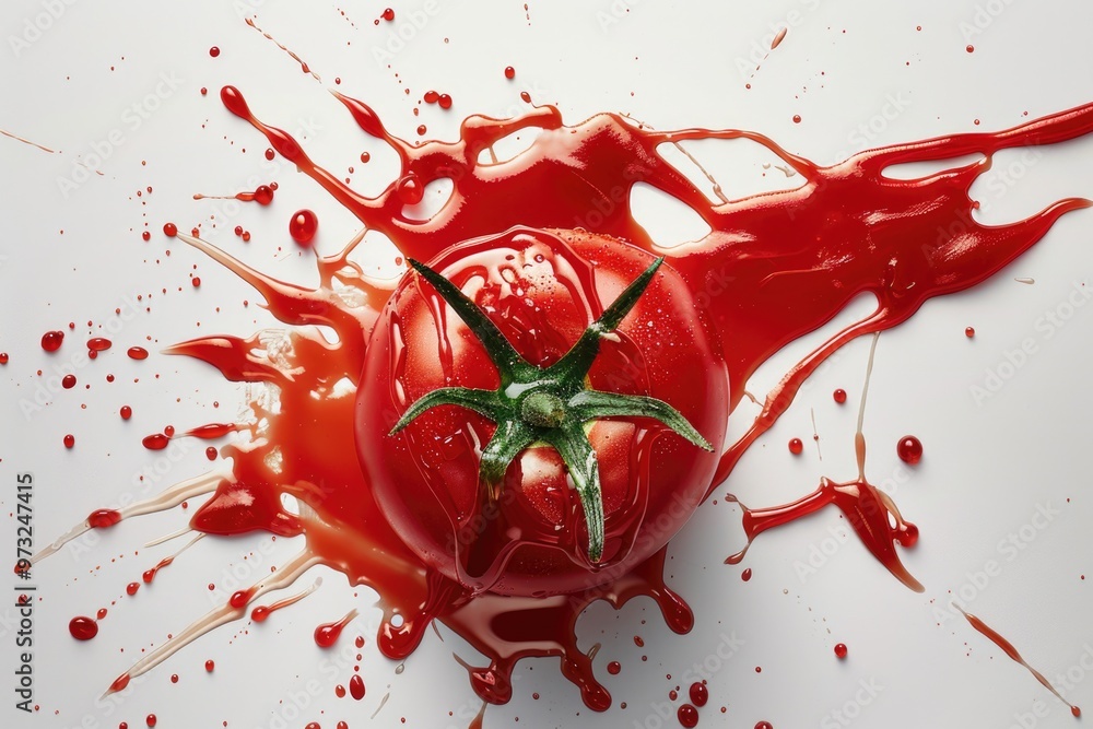 Poster Fresh tomato with tomato sauce splatter