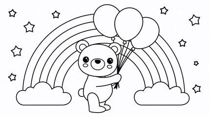 Cute bear with balloons coloring book. Black outline outline drawing for kindergarten