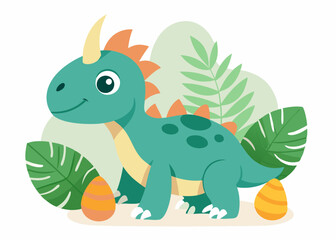 A charming illustration of a friendly dinosaur standing in a lush green jungle setting. This adorable character is perfect for children's books, posters, or any project needing a playful touch.