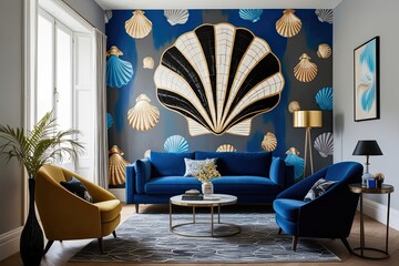 Vibrant Interior Painting with Elegant Seashell Design in Gold Black Blue and Gray