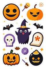 A collection of fun and spooky Halloween-themed illustrations, featuring pumpkins, ghosts, bats, and more. Perfect for adding a festive touch to your designs, websites, or social media.