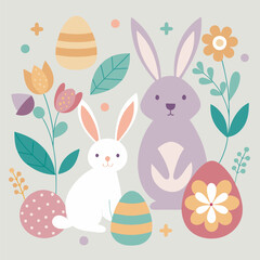 Obraz premium Celebrate Easter with this charming illustration featuring two adorable bunnies, colorful eggs, and blooming flowers.