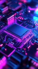 Fototapeta premium Glowing 3D-Rendered GPU Chip on Abstract Blue and Purple Tech Background in 80s Retro Style