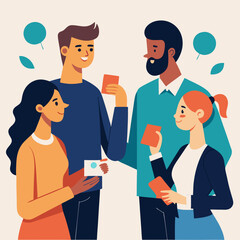 A diverse group of four people stand together, holding cards and engaging in a lively conversation. The illustration captures the essence of teamwork, communication.