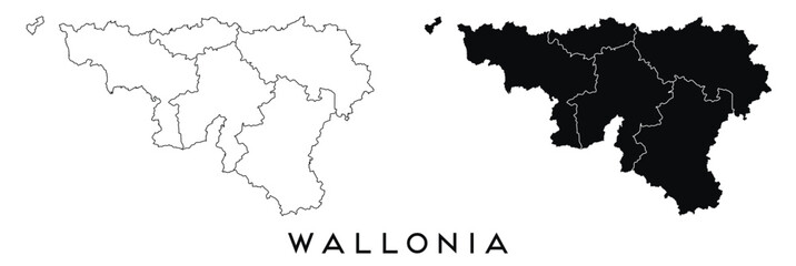 Obraz premium Wallonia map of regions districts vector black on white and outline