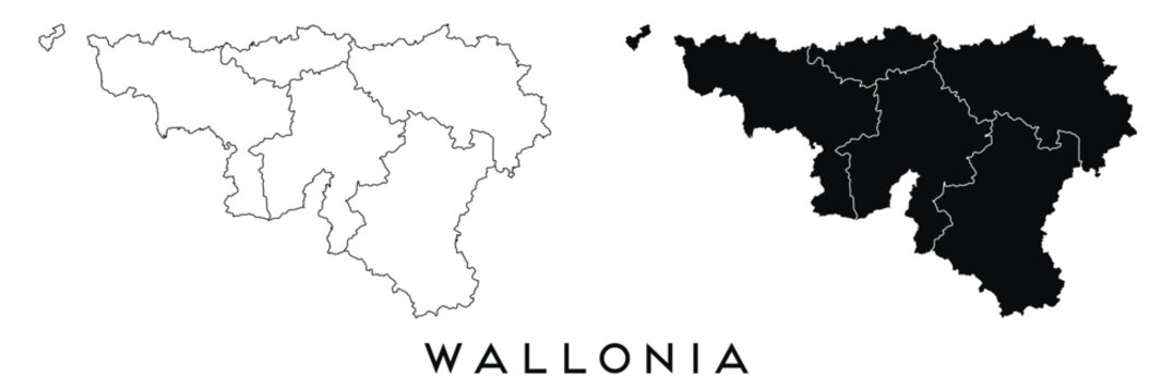Wallonia map of regions districts vector black on white and outline