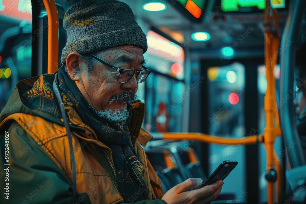 Poster a person sitting on a bus staring at their mobile device