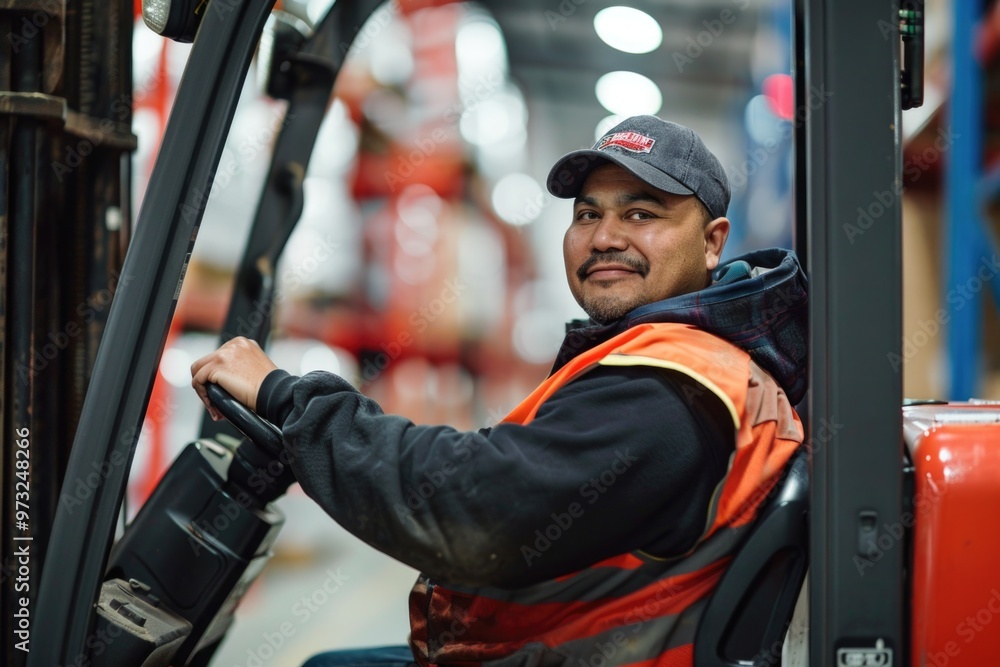 Poster A person using a forklift to move pallets in a storage facility, with crates and boxes on the shelves