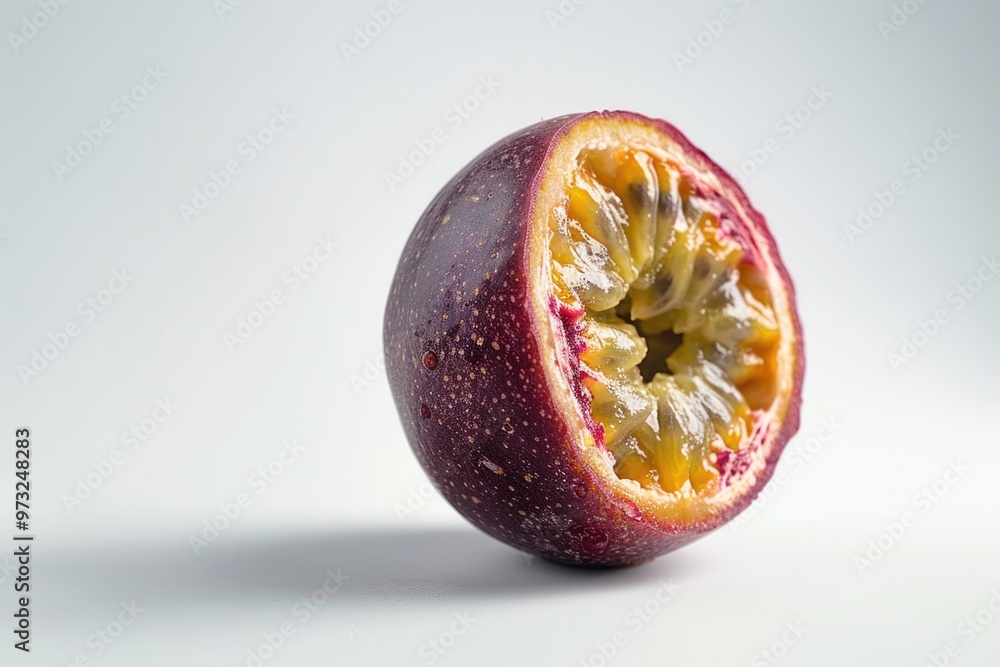 Poster Fresh passion fruit cut in half on a white background, perfect for food and wellness related content