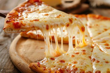 Hot Pizza Slice with Stretchy Melted Mozzarella Cheese Fresh Italian Food Delicious Homemade Restaurant Meal Gourmet Comfort Dining