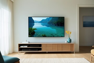 Sleek Ultra Thin TV in Bright Modern Living Room with Stylish Cabinet and Calm Atmosphere