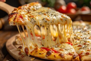 Hot Pizza Slice with Stretchy Melted Mozzarella Cheese Fresh Italian Food Delicious Homemade Restaurant Meal Gourmet Comfort Dining