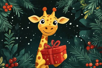 Naklejka premium holiday giraffe illustration, a holiday-themed giraffe with a gift under mistletoe, an illustration perfect for greeting cards or banners