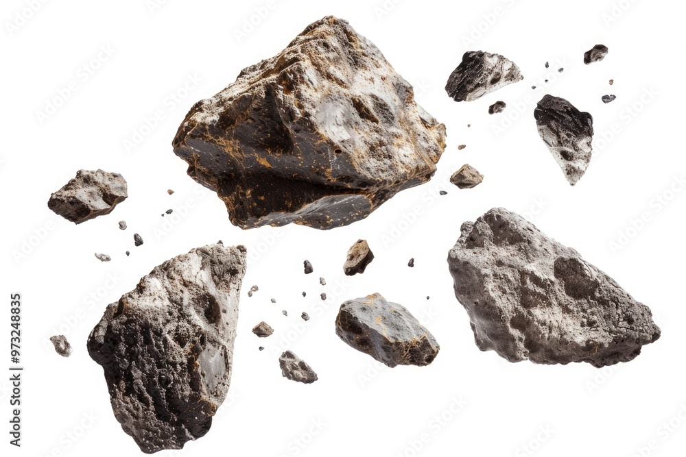 Poster A close-up image of a group of rocks and gravel on a white background, perfect for use in illustrations, design projects, or as a texture reference